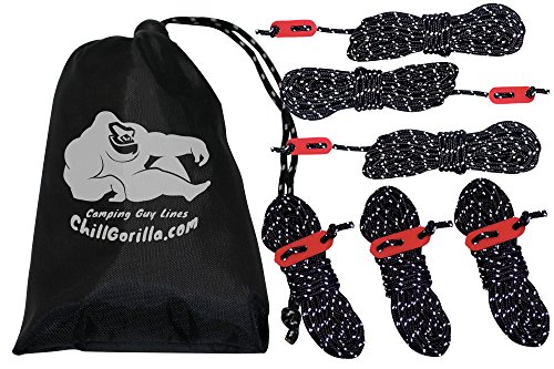 CHILL GORILLA 4mm 78' REFLECTIVE TENT GUIDE ROPE GUY LINE CORD & Adjusters. Lightweight, Rain Tarps, Tents, Hiking, Backpacking. Essential Camping & Survival Gear. ENO Accessory. Black