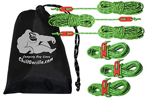 Chill Gorilla 6 Pack 4mm Reflective Tent Guide Rope Guy Line Cord & Adjusters. Lightweight for Rain Tarps, Tents, Hiking, Backpacking. Essential Camping Survival Gear & Accessories. 78 feet. Green