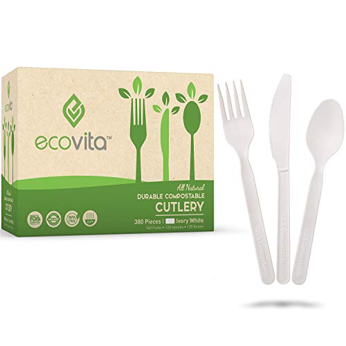 Book Cover 100% Compostable Forks Spoons Knives Cutlery Combo Set - 380 Large Disposable Utensils (7 in.) Eco Friendly Durable and Heat Resistant Alternative to Plastic Silverware with Convenient Tray by Ecovita