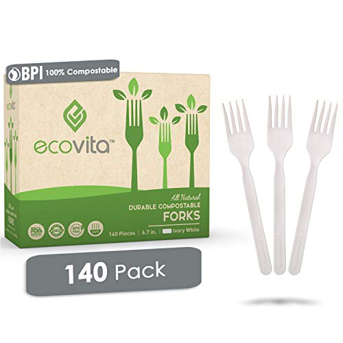 100% Compostable Forks - 140 Large Disposable Utensils (7 in.) Eco Friendly Durable and Heat Resistant Alternative to Plastic Forks with Convenient Tray by Ecovita