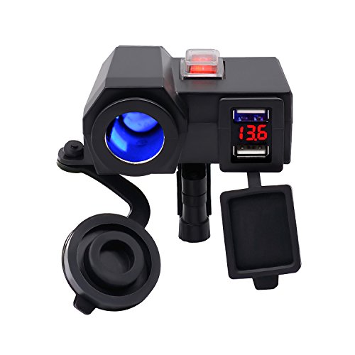 BlueFire® 5V/2.1A Dual USB Charger Socket Waterproof Motorcycle Handlebar Clamp Power Adapter Charger USB Charging System with Cigarette Lighter Socket and Voltmeter for Phones/Tablets/GPS
