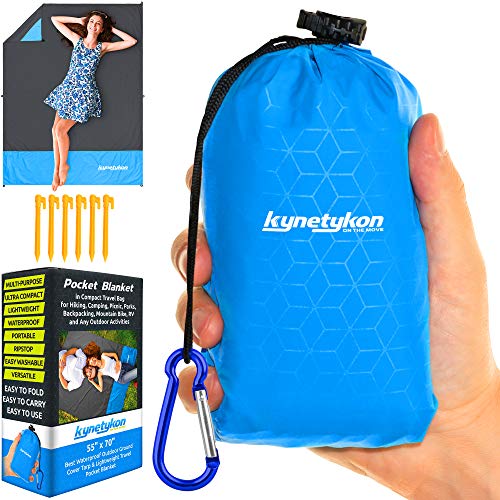 KYNETYKON Beach Picnic Blanket, Waterproof Pocket Blanket 55"x70" – Compact Outdoor Mat for Travel, Hiking, Camping, Parks, Festival, Concerts, Sports, Bike. Camping Tarp w/ 6 Loops & Stakes, Pouch
