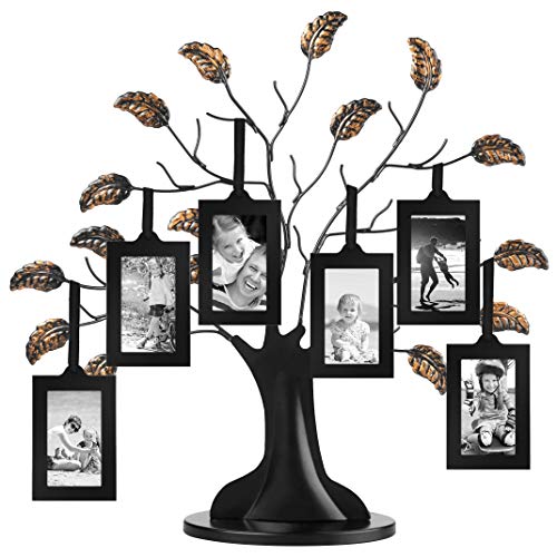 Americanflat Bronze Family Tree with 6 Hanging Picture Frames 2" x 3" in Black and Adjustable Ribbon Tassels - 12"