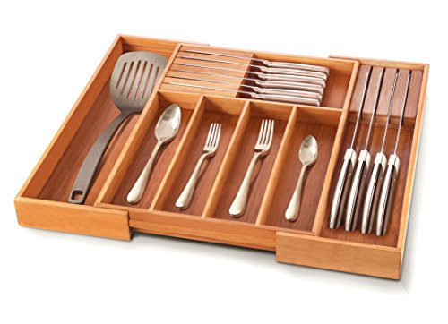 Book Cover Premium Bamboo Utensil Drawer Organizer - Expandable Cutlery Tray Silverware Holder with 2 Removable Knife Blocks