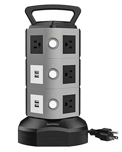 Surge Protector Power Strip Tower - SUPERDANNY 3000W 13A Desktop Charging Station, 10 Outlet & 4.2A 4 USB Ports, 16 AWG 6.5ft Extension Cord, 3-Prong, Grounded, Multiple Protections for Home, Office