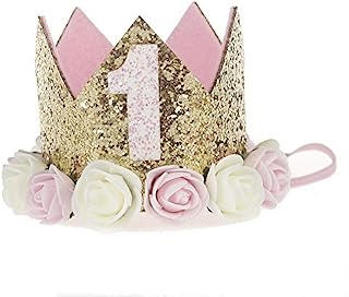 Baby Princess Tiara Crown, Baby Girls/Kids First Birthday Hat Sparkle Gold Flower Style with Artificial Rose Flower (1st Golden Crown)