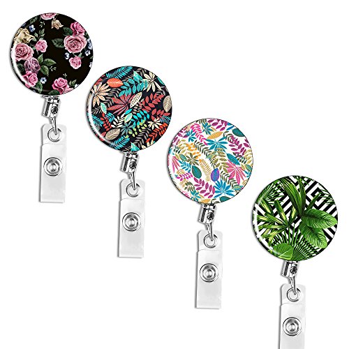 Badge Reel, Lizimandu Retractable Badge Holder Carabiner Reel Clip On ID Card Holders Pack of 4(Plant)