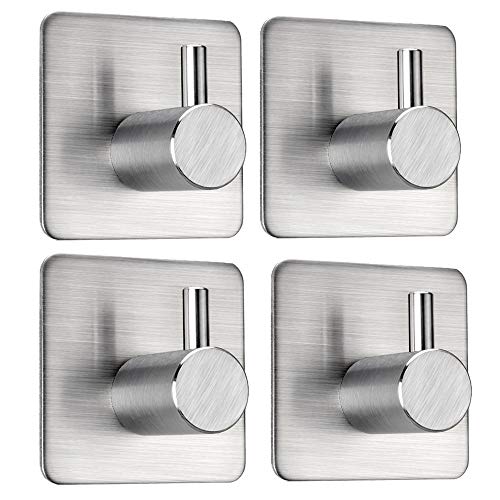 FOTYRIG 3M Wall Hooks Heavy Duty Adhesive Hooks Robe Towel Hook 304 Waterproof Stainless Steel Closets Coat Hooks Wall Mounted Non-slip for Umbrellas, Scarves,Towels, Robes, Bags, Coats, Keys -4 Packs