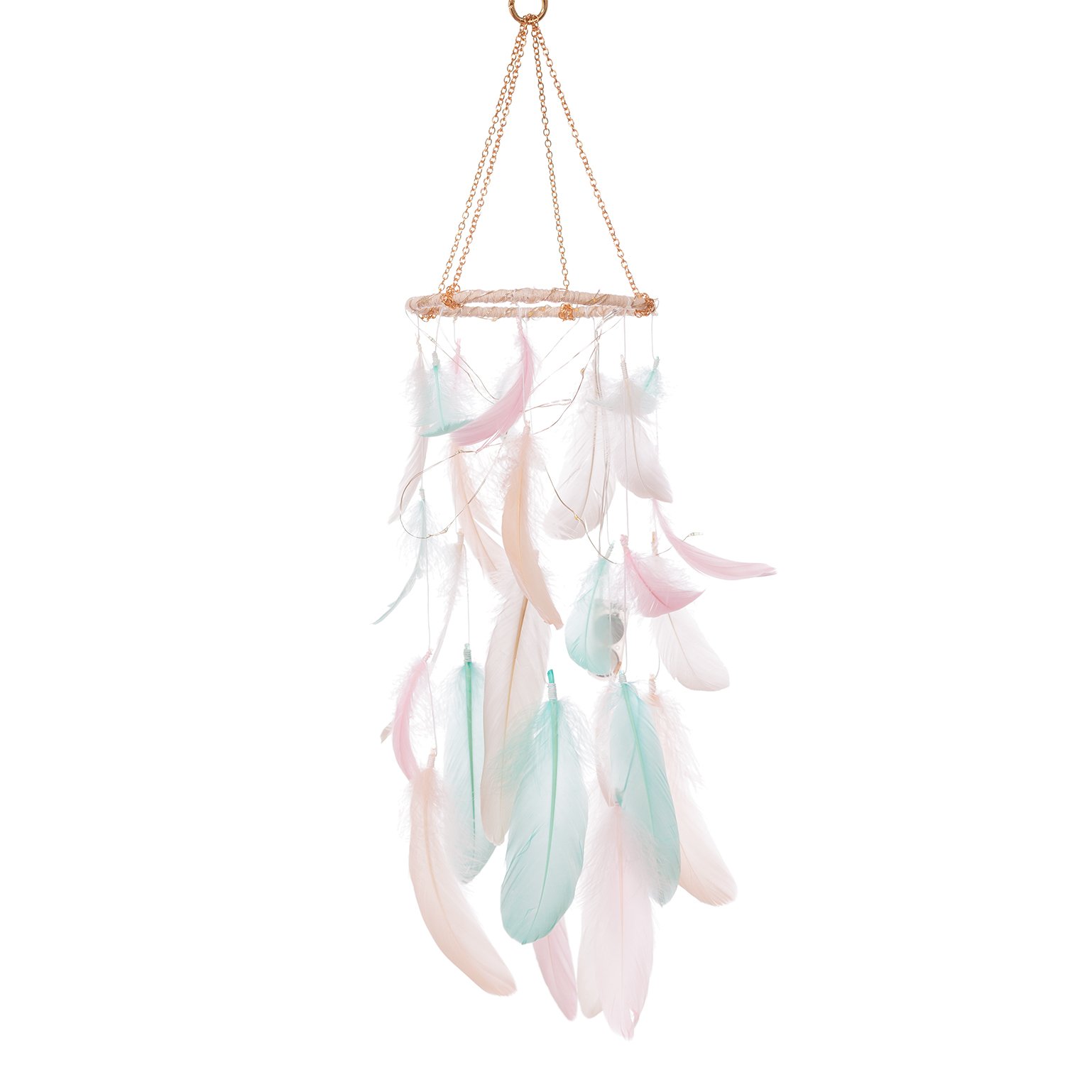 Ling's moment Handmade Feather Dream Catchers for Kids Baby Crib Mobile LED Fairy Lights Macrame Wall Hanging Ornaments with Pink Blue Feathers Boho Decoration Baby Shower Boho Nursery Decor