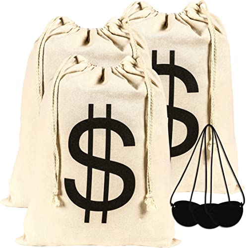 3PCS 11.8 x 15.5 Inches Large Bank Robber Costume Money Bags with Eye Patches - Halloween Drawstring Pouch with Dollar Sign - Trick or Treat/Burglar/Cowboy Pirate Party Supplies Cosplay Props