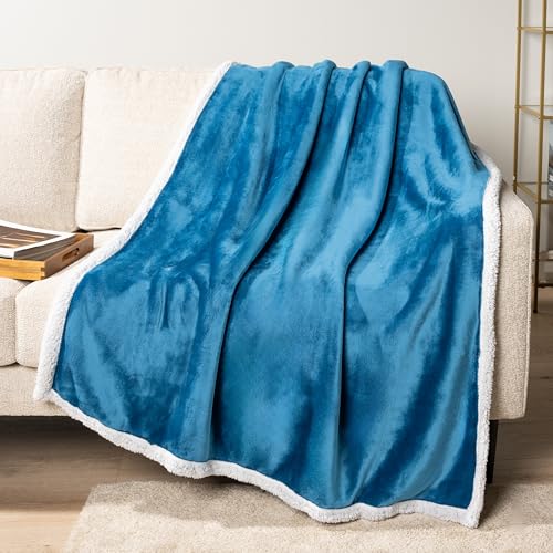 PAVILIA Sherpa Fleece Throw Blanket for Couch, Twin Size, Teal Blue, Plush Soft Fuzzy Sofa Blanket, Cozy Reversible Winter Throw for Women Men, 60x80 Inches