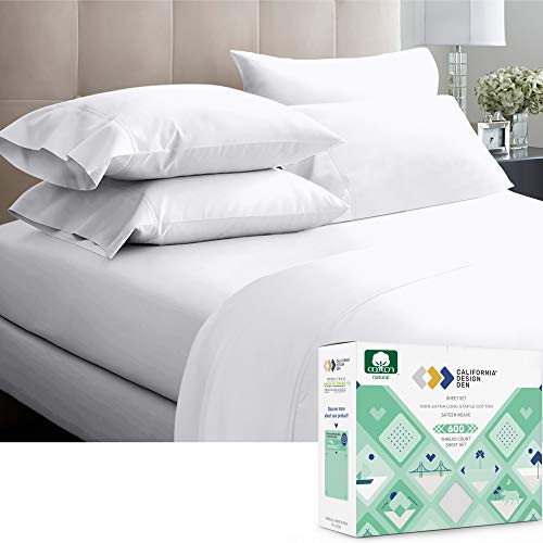 600-Thread-Count 100% Cotton Sheets - Pure White Extra Long Staple Cotton Twin-Sheets for Kids & Adults, Fits Mattress 15'' Deep Pocket, Sateen Weave, Soft Cotton 3 Piece Bed Sheet Set
