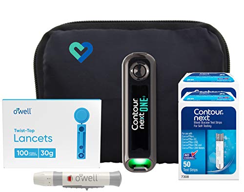Contour NEXT ONE Blood Glucose Kit | Contour NEXT ONE Meter, 100 Contour NEXT Blood Glucose Test Strips, 100 O'WELL Lancets, O'WELL Lancing Device, LogBook, User Manual & Carry Case