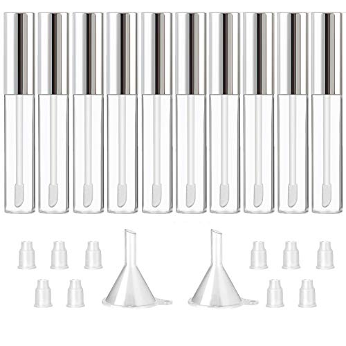 GTHER 10PCS 10ML Empty Lip Gloss Containers Tube with Wand, Refillable Lip Balm Bottles, Lipstick Sample Container and Funnel and Rubber Stoppers for Girls DIY Lip Samples, Silver Top