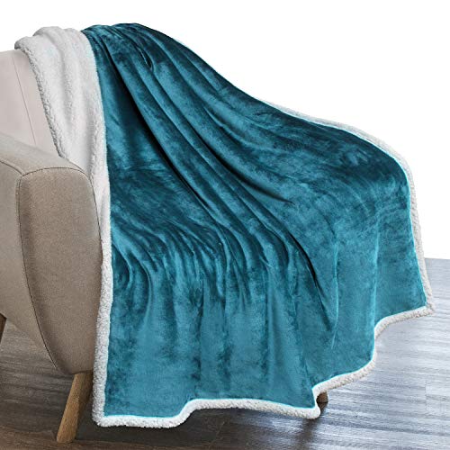 PAVILIA Plush Sherpa Fleece Throw Blanket Teal Blue | Soft, Warm, Fuzzy Turquoise Throw for Couch Sofa | Solid Reversible Cozy Microfiber Fluffy Blanket, 50x60