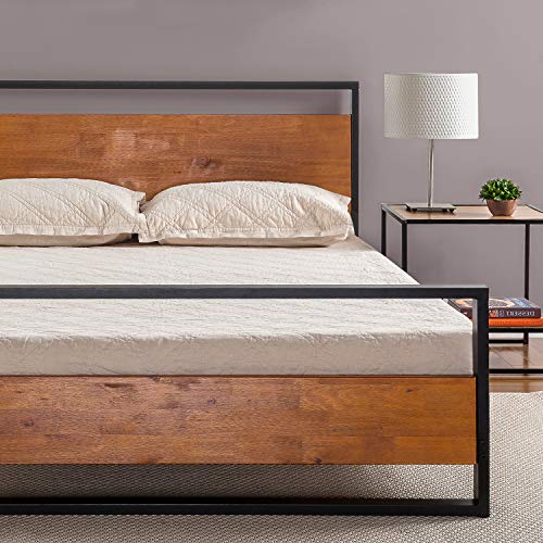 Zinus OLB-IRPBHB-14F Suzanne Metal and Wood Platform Bed with Headboard and Footboard / Box Spring Optional / Wood Slat Support, Full, Chestnut Brown