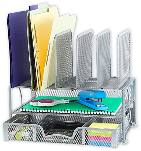 Simple Houseware Mesh Desk Organizer with Sliding Drawer, Double Tray and 5 Upright Sections, Silver