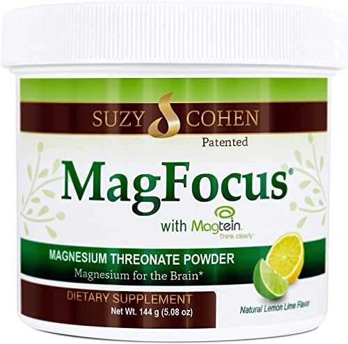 Suzy Cohen MagFocus Magnesium Threonate Powder Dietary Supplement 200mg, Healthy Nerve, Support Cognition, Energy, Bone Health, Stevia, Lemon Flavor, 60 Servings