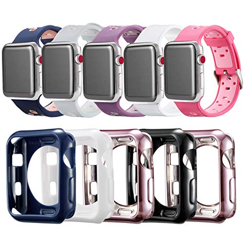 MAIRUI 38mm 5 Pack Apple Watch Band with iWatch Case, Soft Silicone Replacement Wristband with TPU Bumper Case for Apple Watch Series 2, Series 1, Nike+, Sport, Edition (38mm 5 Pack Band with Case)