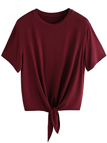 Book Cover Romwe Women's Short Sleeve Tie Front Knot Casual Loose Fit Tee T-Shirt