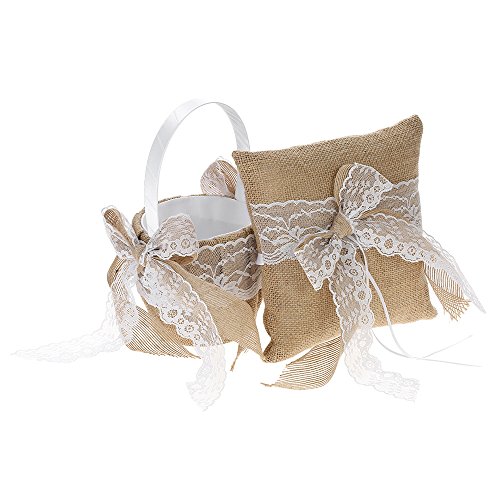 Bowknot Ring Bearer Pillow and Rustic Wedding Flower Girl Basket Set 7 x 7 inches