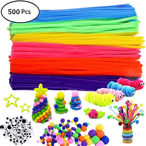500Pcs Pipe Cleaners Craft Set,Including 100 Pcs Chenille Stems 200 Pcs Pom Poms Craft 200 Pcs Wiggle Googly Eyes Self Adhesive,Assorted Colors and Assorted Sizes for DIY Art Craft