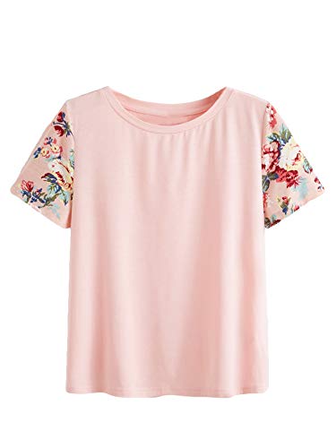 Romwe Women's Floral Print Short Sleeve Tops Striped Casual Blouses T Shirt