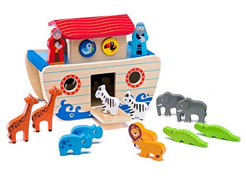 Wooden Noah's Ark Playset: Educational Chunky Animal Toys in Pairs for Toddlers, ColorfulNon-Toxic Paint, Smooth Edges Safe Figurines Easy to Hold, Preschool Boys and Girls, Motor and Sorting Skills