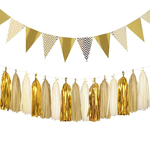 Aonor Sparkly Paper Pennant Banner Triangle Flags Bunting 8.2 Feet and Tissue Paper Tassels Garland 15 pcs for Baby Shower, Birthday Party Wall Decorations, Metallic Gold
