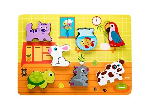 Book Cover Wooden Chunky Puzzle: Animal Figurines for Toddlers, Educational Toy for Preschool Kids from 12 Months Old, Cute Colorful Pet Shapes, Solid Wood Easy to Hold, Motor and Cognitive Skills Development