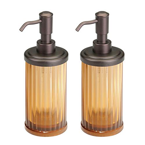 mDesign Fluted Refillable Liquid Soap Dispenser Pump Bottle Kitchen Sink, Bathroom Vanity Countertops: Holds Hand Sanitizer & Essential Oils - 2 Pack - Amber Plastic, Metal Pump Head in Bronze
