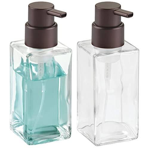 mDesign Glass Refillable Foaming Hand Soap Dispenser Modern Square Pump Bottle for Bathroom Vanities or Kitchen Sink, Countertops - 2 Pack - Clear/Bronze