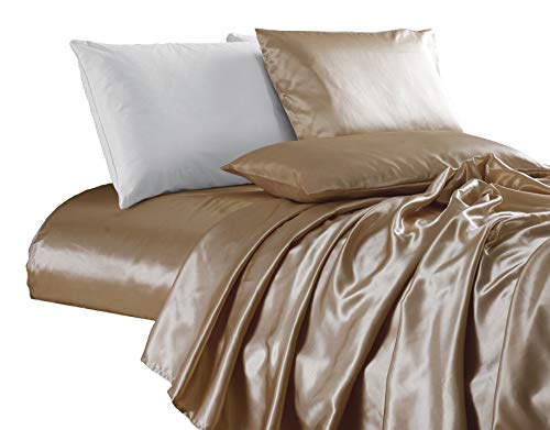 Chezmoi Collection 4-Piece Satin Sheet Set - Luxury Soft Silky Smooth Deep Pocket Bed Sheets - Queen, Champagne Gold