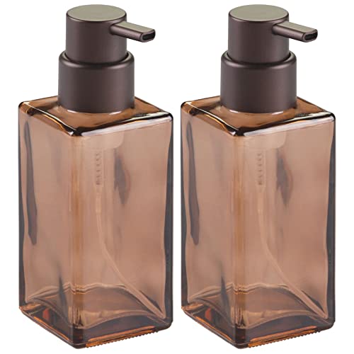mDesign Glass Refillable Foaming Hand Soap Dispenser Modern Square Pump Bottle for Bathroom Vanities or Kitchen Sink, Countertops - 2 Pack - Sand Brown/Bronze