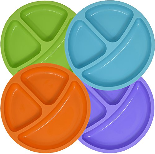 Set of 4 Divided Toddler Plates Set for Baby Plate, Passes Pinch Test, Kids, Children, Quality Silicone for Feeding by Salbree (7.5 inches Round, Green, Light Blue, Orange, Purple)