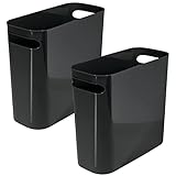 mDesign Plastic Small Trash Can, 1.5 Gallon/5.7-Liter Wastebasket, Narrow Garbage Bin, Handles for Bathroom, Laundry, Home Office - Holds Waste, Recycling, 10" High, Aura Collection, 2 Pack, Black