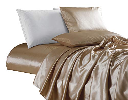Book Cover Chezmoi Collection 4-Piece Bridal Satin Solid Color Sheet Set (King, Champagne)