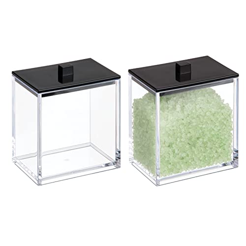 Book Cover mDesign Plastic Square Apothecary Jar Storage Organizer Holder for Bathroom Vanity Countertop Shelf Decor - Cotton Swabs, Soap, Makeup Sponge, Bath Salts - Lumiere Collection - 2 Pack - Clear/Black