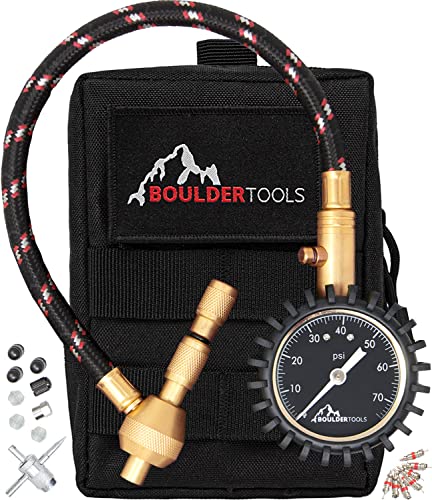 Book Cover Boulder Tools Heavy Duty Rapid Tire Deflator & Molle Pouch - Precision Release Button Air Down Offroad Kit - Glows in Dark, Bonus: Valve Caps, Cores, Repair Tool | Quickly Deflate 4x4 Off Road Tires