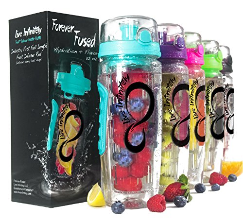 Live Infinitely 32 oz. Infuser Water Bottles - Featuring a Full Length Infusion Rod, Flip Top Lid, Dual Hand Grips & Recipe Ebook Gift