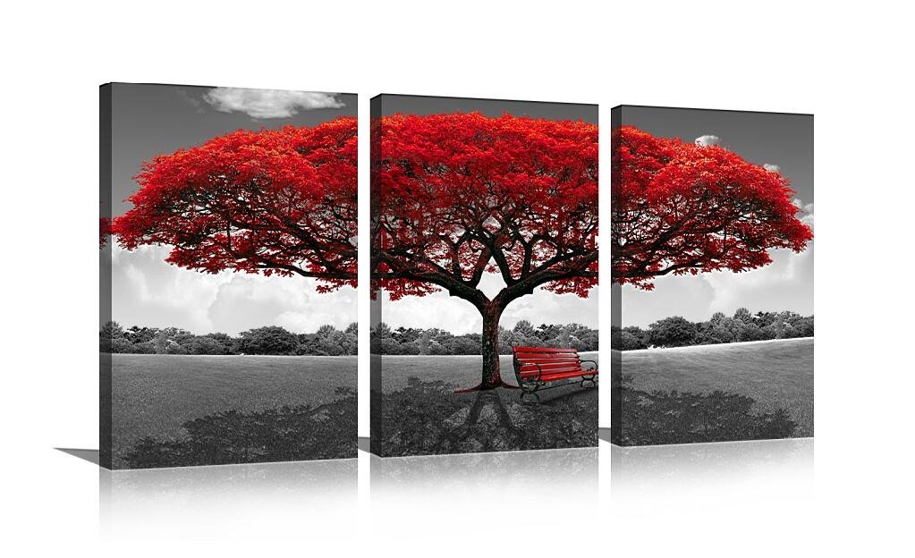 Book Cover HLJ Art Black and White Pictures Giclee Canvas Prints Red Tree Bench Modern Artwork Wall DÃ©cor for Living Room Office Dining Room