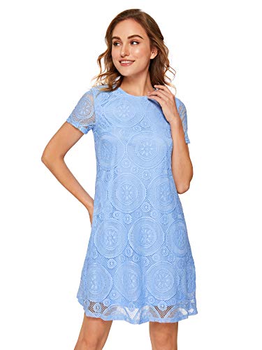Book Cover Romwe Women's Plain Short Sleeve Floral Summer Floral Lace Prom Party Shift Dress
