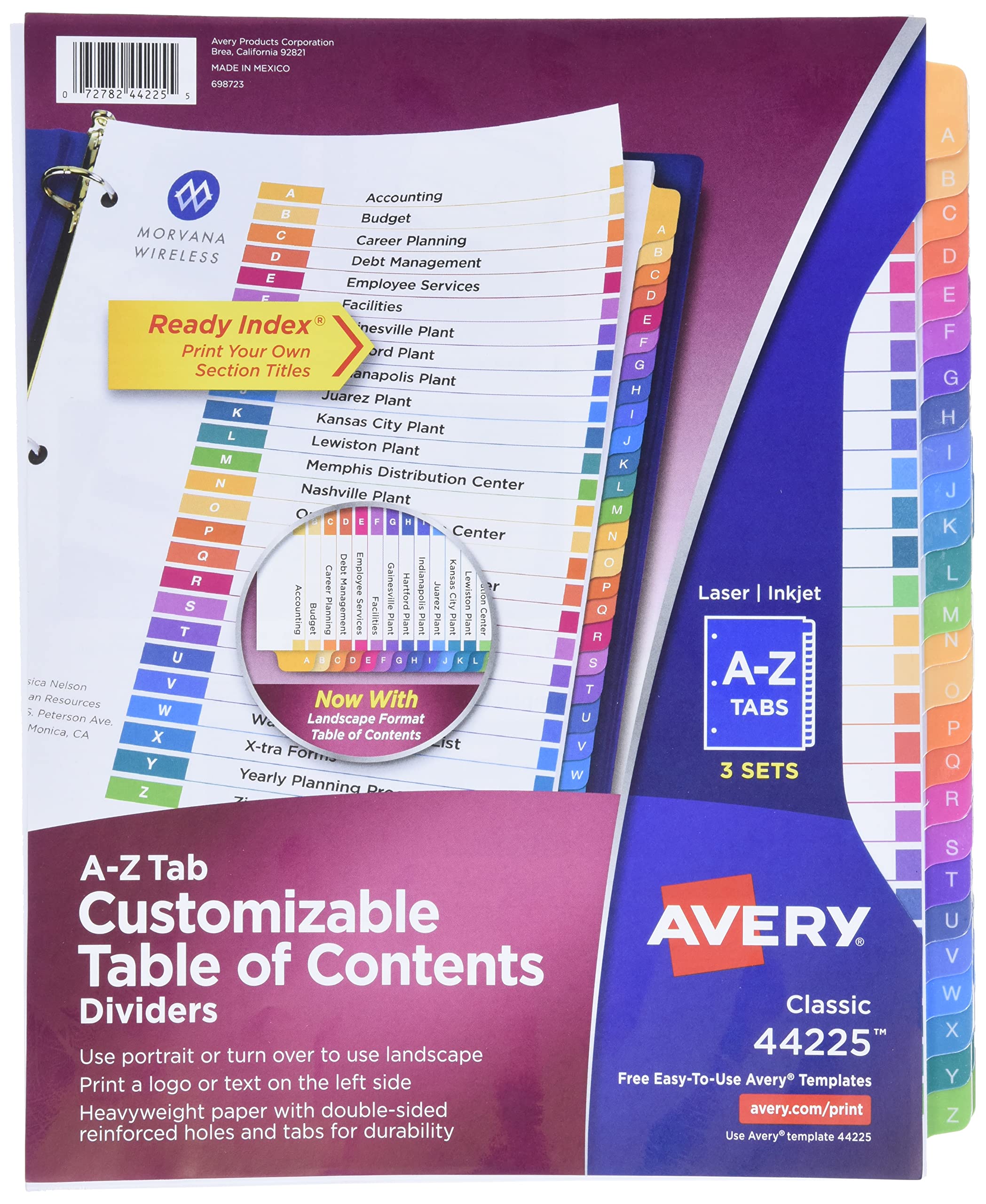 Book Cover Avery A-Z Tab Dividers for 3 Ring Binders, Customizable Table of Contents, Multicolor Tabs, 3 Sets (44225) 3 sets Classic