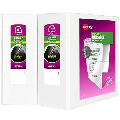 Avery 4" Durable View 3 Ring Binder, EZD Ring, Holds 8.5" x 11" Paper, 2 White Binders (9801)