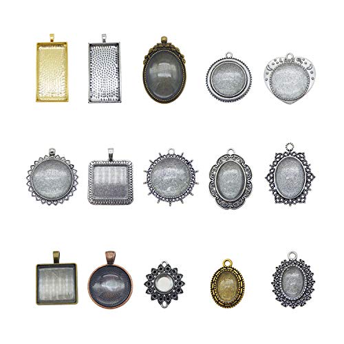 15 Sets Mixed Setting Tray Bezel Pendant with Glass Cabochons Bronze Silver for Jewelry Making