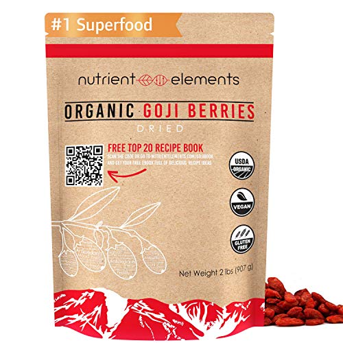 Organic Goji Berries - 2 lbs/32oz/907g - Premium Dried, Extra Large Berries - Raw, Non GMO - USDA Certified - Natural Superfood - with Resealable Bag by Nutrient Elements - Free Recipes E-Book