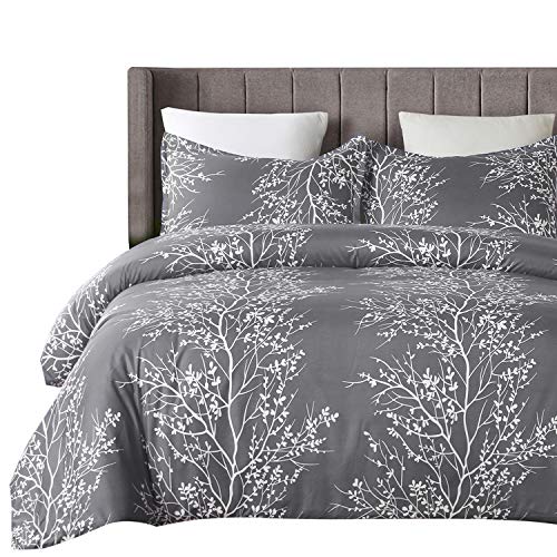 Book Cover Vaulia Lightweight Microfiber Duvet Cover Set, Grey and White Floral Branches Printed Pattern - Queen Size