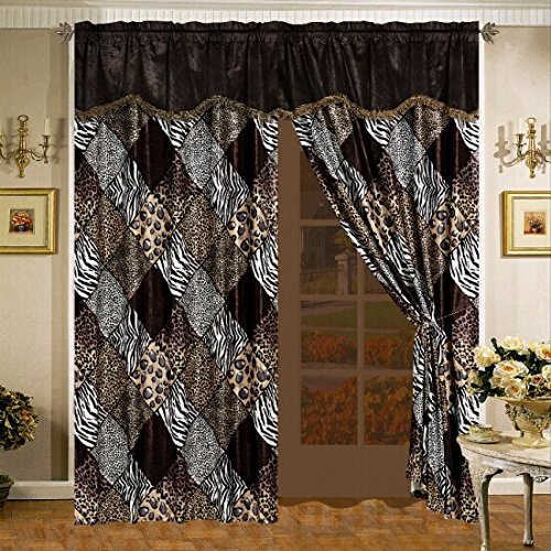 Book Cover 4 Piece Safari Curtain set - Zebra, Giraffe, Leopard, Tiger Etc - Multi Animal Print Brown Beige Black White Micro Fur Window Panel Set with attached Valance and Sheers