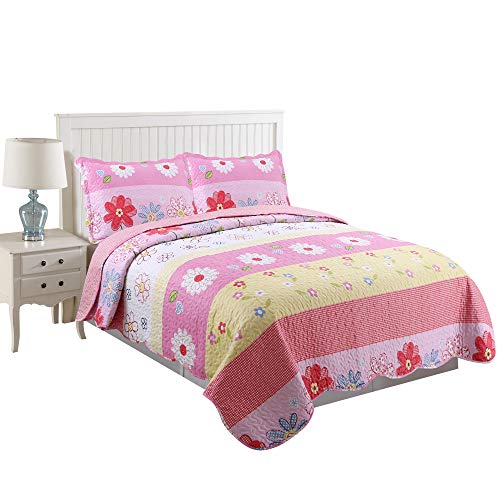 Book Cover MarCielo 3 Piece Kids Bedspread Quilts Set Throw Blanket for Teens Girls Bed Printed Bedding Coverlet, Full Size, Pink Floral (Full)