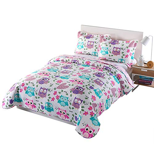 Book Cover MarCielo 3 Piece Kids Bedspread Quilts Set Throw Blanket for Teens Boys Girls Bed Printed Bedding Coverlet, Full Size, Purple Hoot (Full)